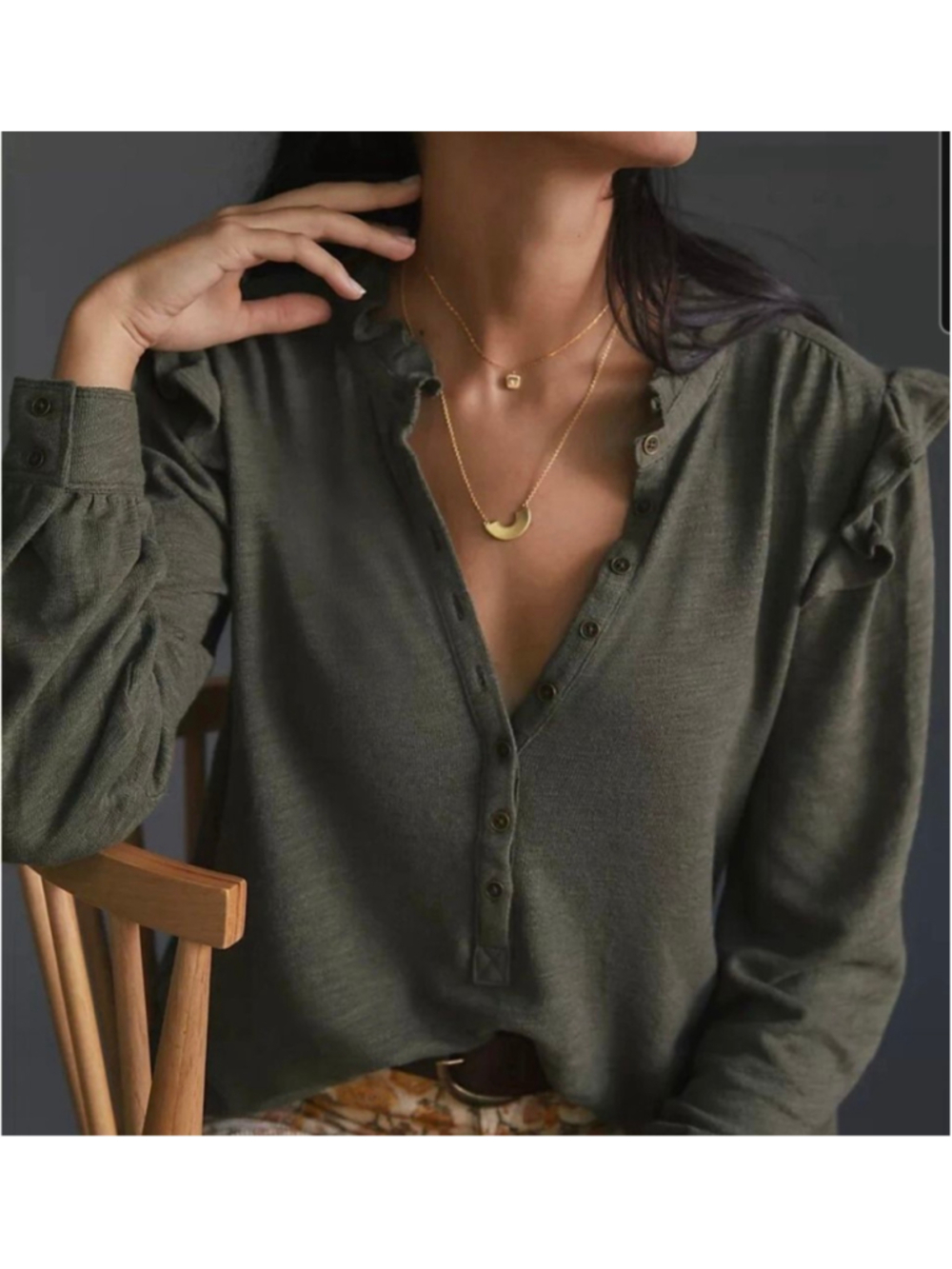 Anthropologie Pilcro Ruffle Henley In Olive Green Cotton Modal Blend Size XS
